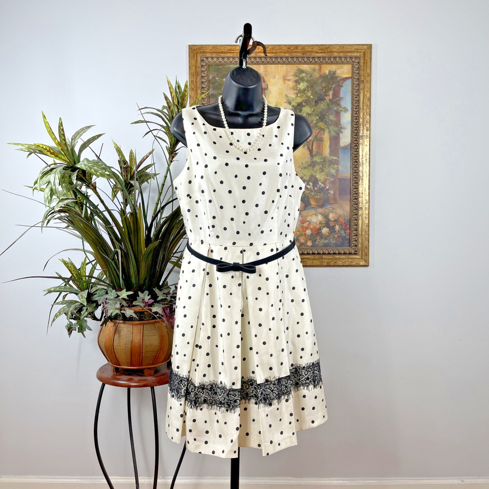 Danny & Nicole Polka Dot Fit Flare‎ Dress Size 6 White Black Lace Belted Midi